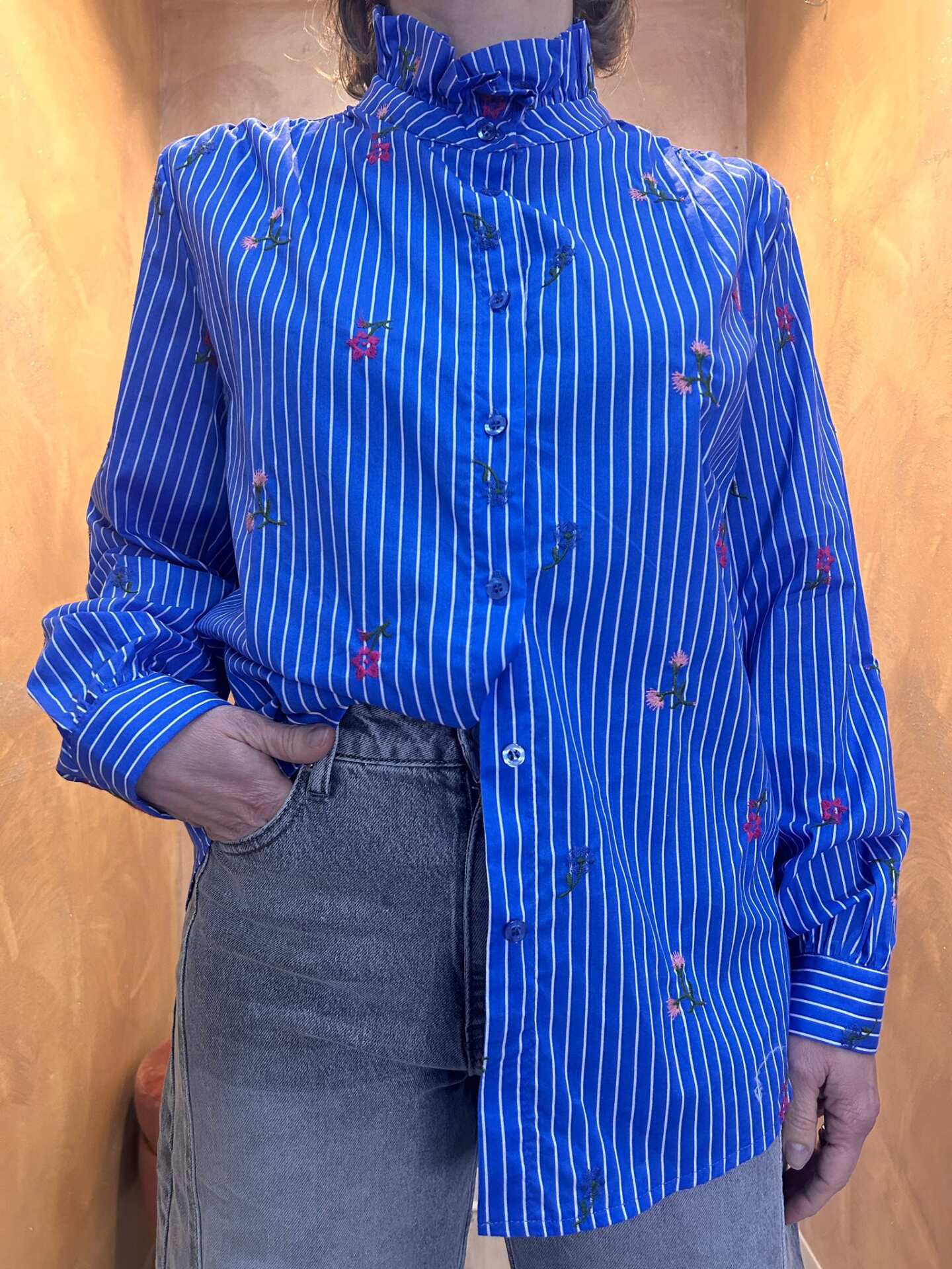 Camicia gessata ricami floreali